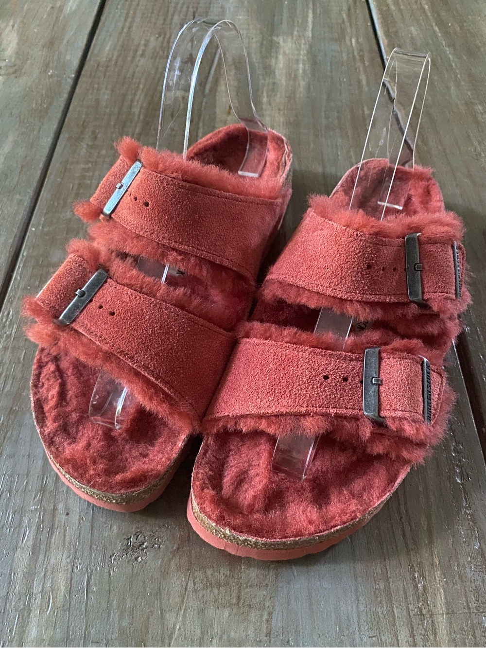 Birkenstock Arizona Shearling Suede Fur Lined Buckle Sandals Womens 9 260 Coral